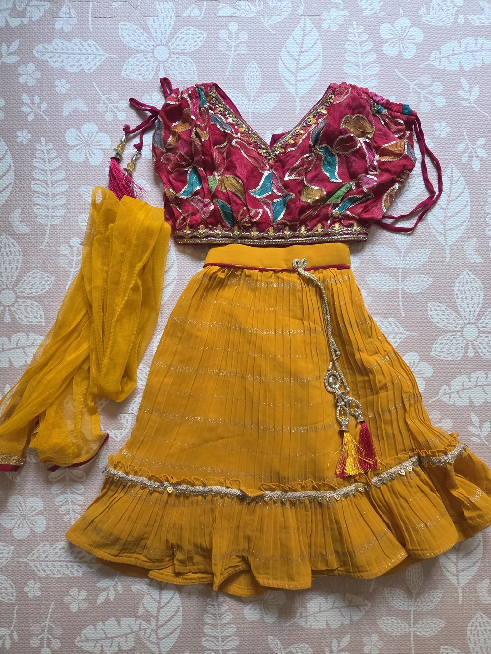 Embroidered Pink Blouse with Mustard Yellow Skirt and Dupatta